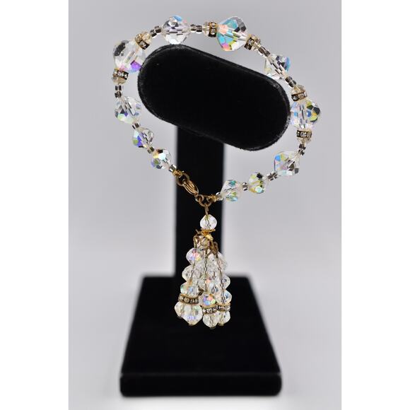 Vintage Crystal Tassel Bracelet Aurora Borealis Sparkling Dangle 1950s Bin7 - Picture 1 of 12
